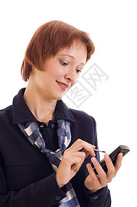拥有移动电话的女商务人士快乐按钮细胞职业人士服务办公室讨论眼睛蓝色图片