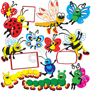 矢量元素集毛虫蝴蝶翅膀昆虫桌子蜜蜂空白插图图片