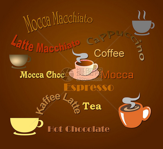 咖啡卡早餐拿铁棕色品味巧克力咖啡插图咖啡馆杯子碟子图片