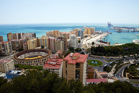 查看马拉加竞技场旅行斗牛士外观体育场高角度海景旅游斗牛场城市图片