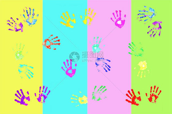 儿童在丰富多彩背景上实际手印的指纹艺术回忆印刷蓝色童年乐趣冲压靛青棕榈打印图片