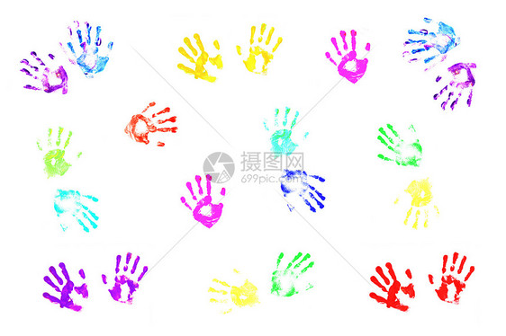 儿童用白色背景制作的多彩手印粉色黄色艺术品乐趣艺术孩子蓝色童年孩子们回忆图片
