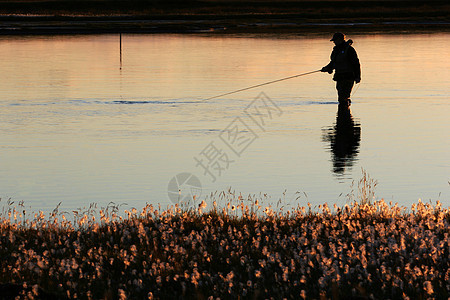 黄光钓鱼阴影渔夫男性孩子支撑运动男生男人爱好日落图片