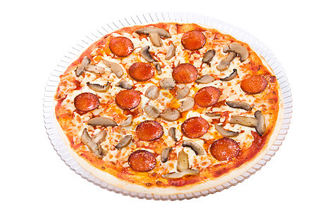 辣椒尼披萨香肠脆皮平底锅餐厅白色蘑菇食物面团烹饪红色图片
