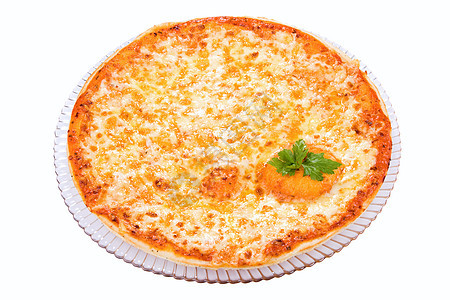四芝士披萨红色脆皮餐厅平底锅白色面团烹饪蔬菜午餐食物图片