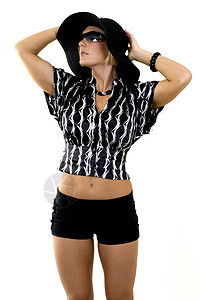 华丽时装模型帽子短发金发模特女性正文白色太阳镜黑色吸引力图片