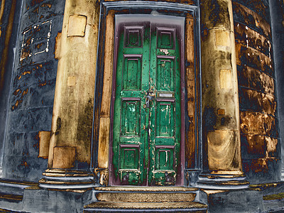 古老的风化门房子柱子风化入口装饰住宅古董建筑绿色风格图片