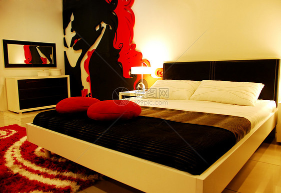 红色的豪华卧室枕头反射白色黑色风格家庭装饰阴影奢华地毯图片