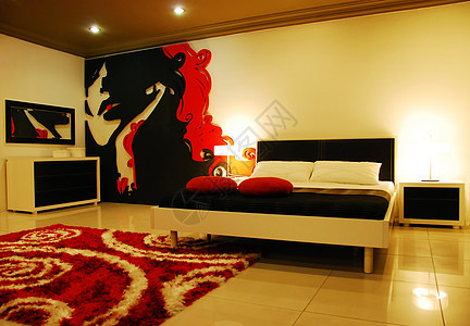 红色的豪华卧室家庭反射家居白色风格住宅小区花瓶毯子黑色装饰图片