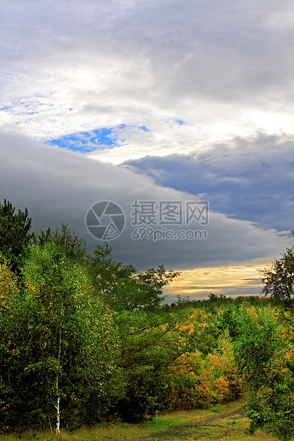 秋季森林云彩天空橙子绿色木头场景公园风景日落蓝色图片