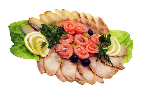 鱼类所有类草本植物营养素营养盘子鱼片饮食小吃托盘熏制食物图片