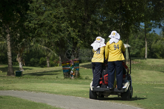 两只骑高尔夫车的球童图片