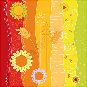 芊芊充满多彩的夏天叶子花瓣橙子漩涡艺术树叶插图花朵小麦红色设计图片