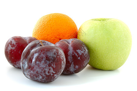 苹果 橙子和梅子食物水果李子浆果粉色绿色营养白色黄色紫色图片