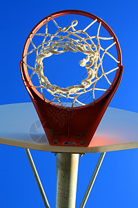 篮球网和后板晴天红色戒指竞赛蓝色法庭游戏运动篮板天空图片
