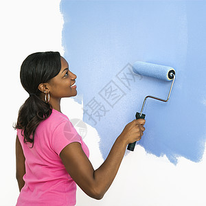 漂亮的女人画墙绘画女性微笑家装正方形蓝色滚筒照片图片