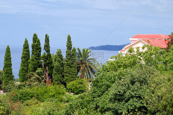 海边的房屋不动产支撑海军海洋晴天树木蓝色财产青色假期图片