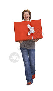 带红礼盒的女人青少年客户生日购物女孩牛仔裤丝带盒子红色顾客图片