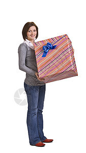带礼物盒的女人红色客户盒子粉色蓝色礼物丝带牛仔裤惊喜购物图片