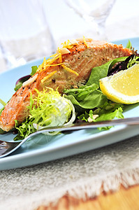 沙律加烤鲑鱼海鲜沙拉青菜蔬菜食物饮食盘子炙烤午餐烹饪图片