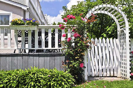 花园中的白色arbor装饰击剑院子乔木后院小屋住宅房子凉亭国家图片