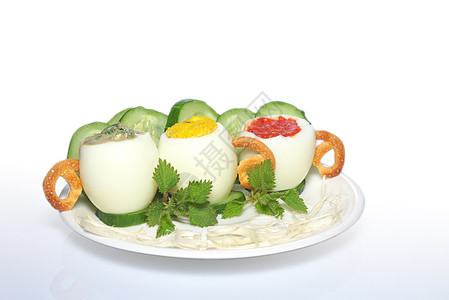 填充鸡蛋胡椒早餐红色绿色黄色餐厅派对盘子午餐菠菜图片