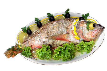 孤立的烤鱼用餐厨房油炸白色香菜美食午餐海鲜柠檬餐厅图片
