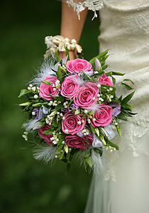 婚礼花束女士裙子粉色花店已婚婚姻家庭磁带新娘玫瑰图片