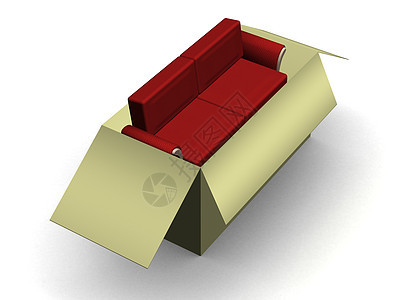 红皮沙发在包装箱里 3D图像图片