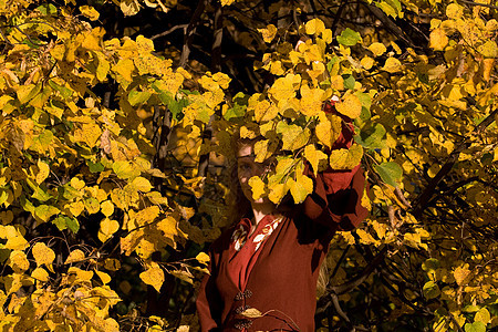 秋林中的精灵晴天女性戏服裙子故事森林角色神话树叶衣服图片