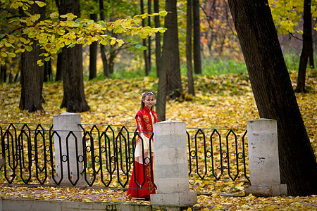秋天森林中的淑女公园女士仙境女性衣服公主邮政神话栅栏扮演图片