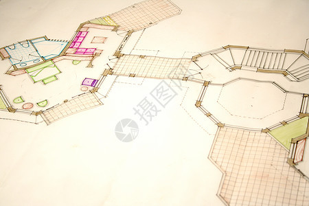 蓝蓝色指纹工程插图素描染色绘画铅笔工程师建筑蓝图房子图片