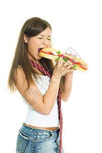 吃汉堡包的漂亮女孩喜悦重量幸福乐趣午餐女士享受饥饿牙齿食物图片
