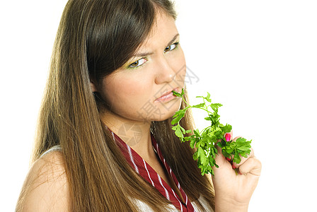 女孩不快乐 吃绿色的欧萨图片