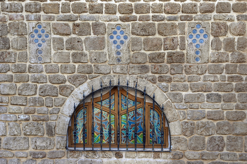 旧贾法河流域窗户酒吧石头雅法建筑学彩色都市玻璃历史图片