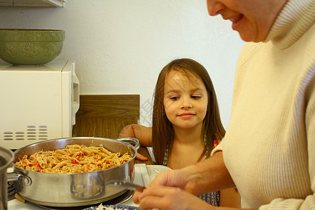 帮助妈妈做饭的小女孩孩子母亲厨房家庭童年青年平底锅父母女儿孩子们图片