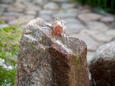 美丽的家居花园花岗岩瀑布池树篱池塘美化岩石沉思禅意流动喷泉花朵枝条图片