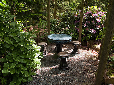 美丽的花园石头座椅角院子阴影公园园艺后院绿色植物家具露台座位图片