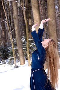 女士和雪雪衣服手臂裙子精灵女性小精灵头发白色树干手势图片