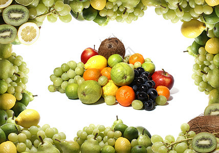白上孤立的绿果实框架可可食物坚果饮食甜点健康奇异果异国作品图片