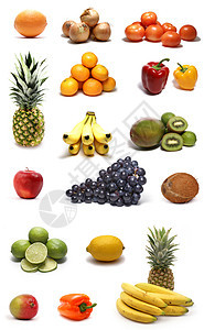 白上孤立的水果蔬菜果汁树叶健康洋葱可可胡椒柚子营养香蕉图片