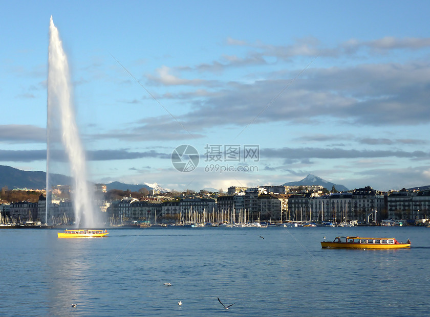 日内瓦湖喷泉之景图片
