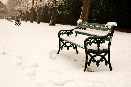 雪盖着长凳长椅小路白色图片