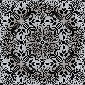 花银重复卷曲创造力纺织品古董艺术漩涡黑色织物装饰滚动图片