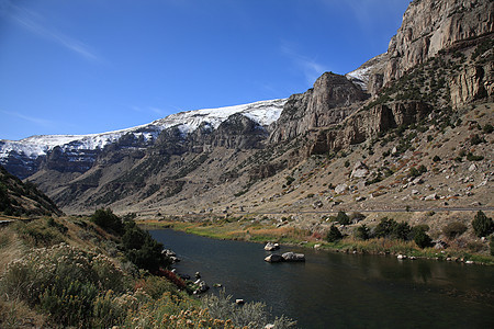 山区和河流怀俄明州景点野花高原风景高山蓝色悬崖岩石树木山峰图片