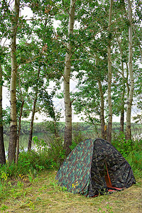 在树木附近布设帐篷的岸边图片