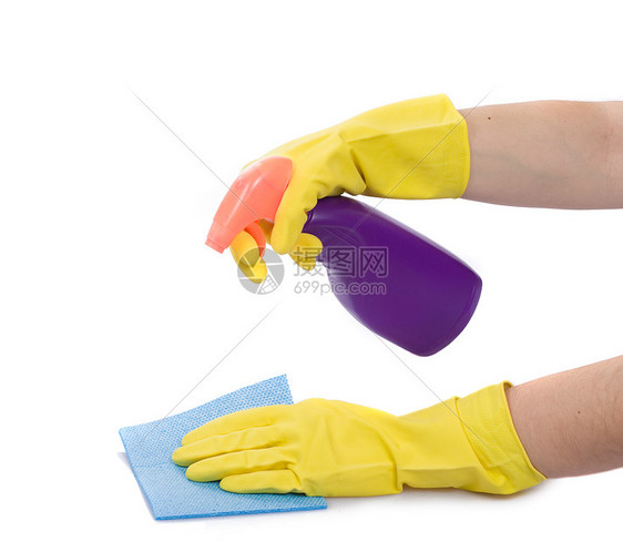 用喷洒瓶和海绵的手手套房子除臭产品卫生擦洗清洁剂清洁工喷雾器垃圾图片