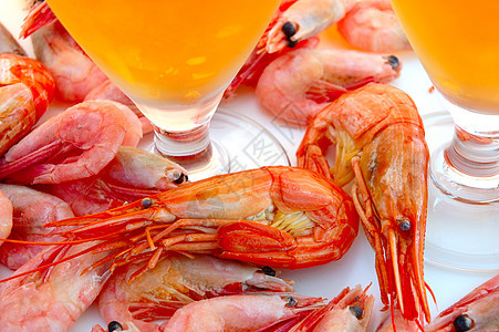 啤酒和虾虾食物白色橙子营养黄色小吃海洋泡沫产品玻璃图片