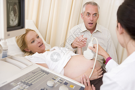 孕妇从有丈夫手表的医生那里得到超声波检查头肩考试家庭咨询三个人怀孕检查双胞胎男人意外图片