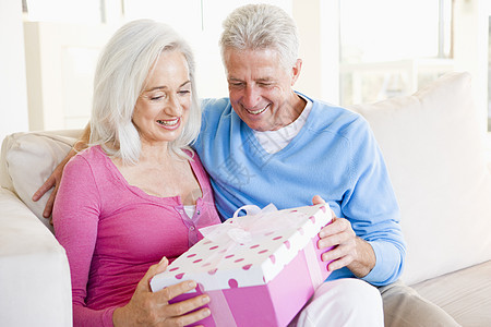 丈夫给妻子送花和微笑感情浪漫伙伴生日展示惊喜情感沙发客厅亲热图片